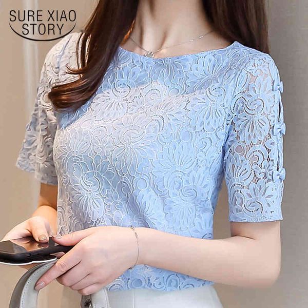 

short sleeve women korean lace blouses shirt hollow blouse female blusas feminine 0361 40 210508, White