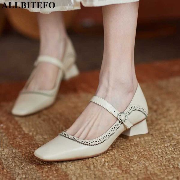 

allbitefo arrive soft genuine leather brand women high heel shoes thick heels office work shoes women heels shoes 210611, Black