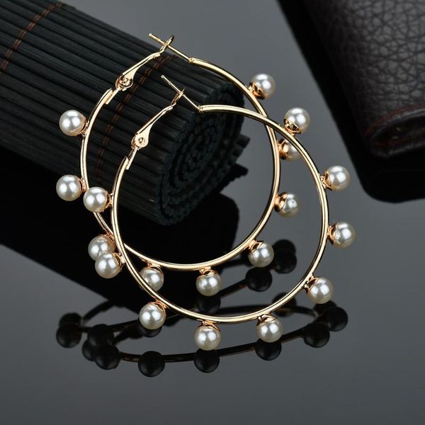 

hoop & huggie 1 pair arrival women girls jewelry earring white pearl with stainless steel pin big circle loop earrings, Golden;silver