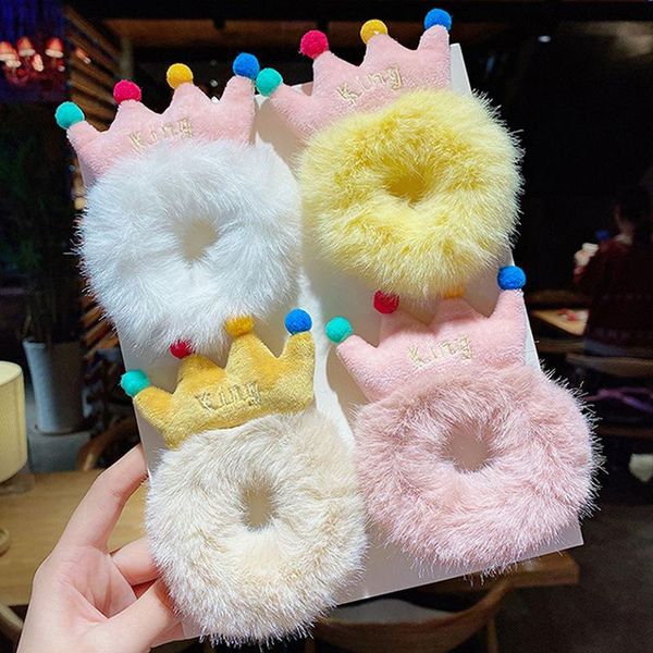

arrivals cute girls crown fur hair rope rubber bands scrunchies candy color ponytail holder elastic accessories, Slivery;white
