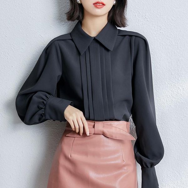 

women's blouses & shirts black pleated chiffon shirt female fashion chic ol style long sleeve turn-down collar zipper blouse plus size, White
