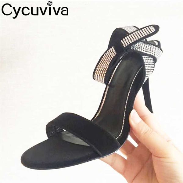 

black velvet crystal high heel sandals women pointy toe ankle strap rhinestone open stilettos ladies runway party shoes
