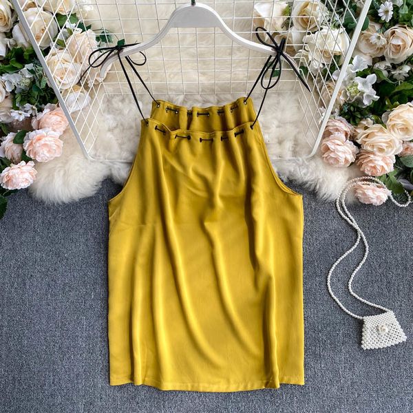 

tanks summer women halter spaghetti strap crop tank elegant slim silk satin streetwear ladies vest, White