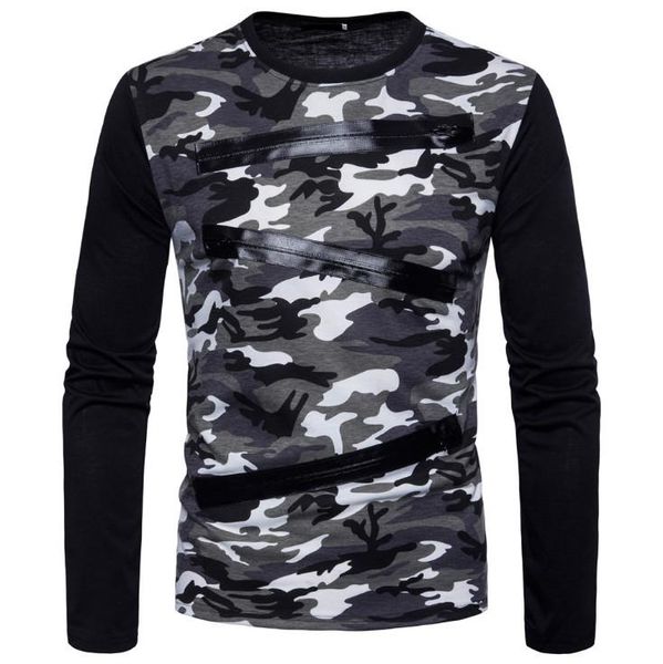 

men's t-shirts spring military camouflage t-shirt men design patchwork decoration long sleeve tshirt male army green grey, White;black