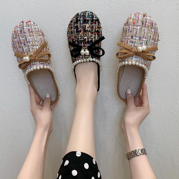 

fretwork heels cover toe shoes woman 2021 slippers flat low luxury slides loafers designer summer rome rubber fisherman fabric, Black