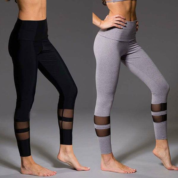 

yoga outfit women fitness mesh splicing solid leggings gym stretch sports slim elastic high waist tights casual pants trousers