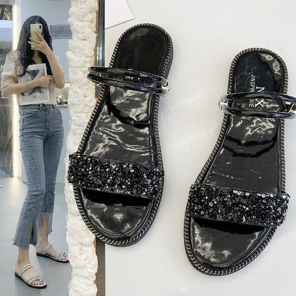 

sandals 2021 fashion slip on women summer flat bling slippers open toe shoe chunky soft shoes female plus size, Black