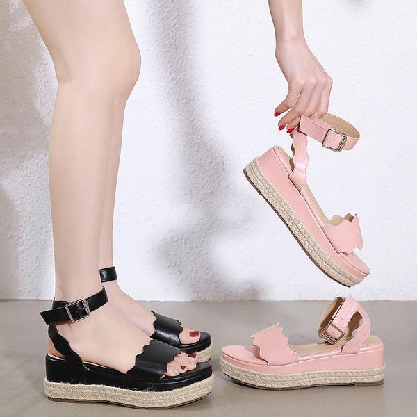 

fashion platform sandals wedges high heels shoes women 2021 summer party buckle strap straw drop ship, Black