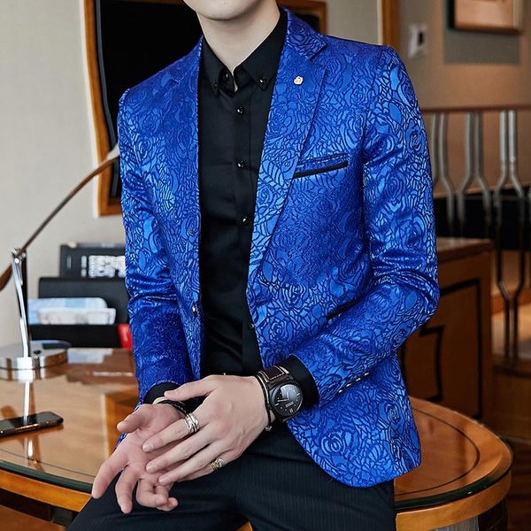 

men's suits & blazers royal blue black promo blazer for men rose jaquard print slim fit stylish business casual party wedding suit coat, White;black