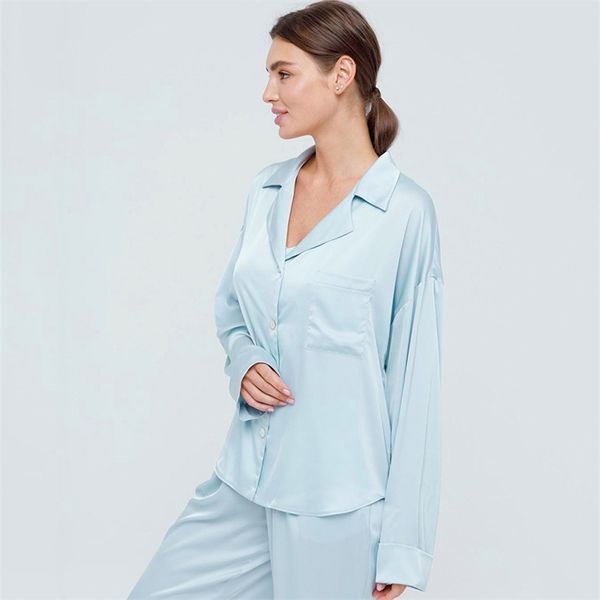 Hiloc Spring Satin Sleepwear Mulheres Pajama Sólida Terno Home Set Feminino Pijama Solta Básico Básico Dois Peça Elegante Lounge 210809