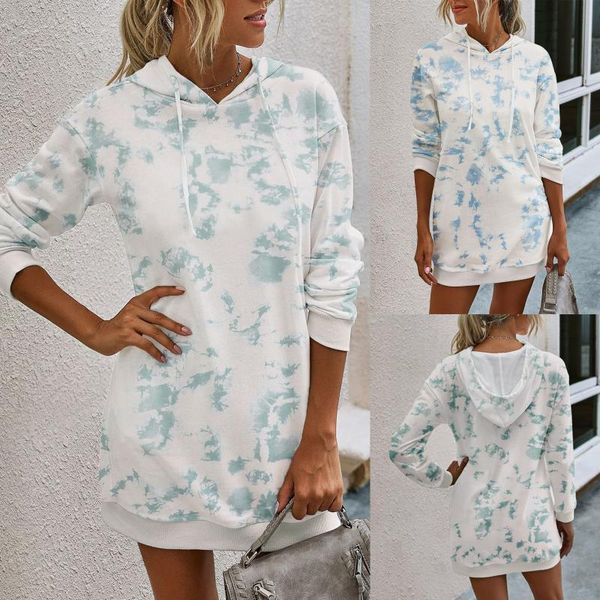 

women autumn hoodies sweatshirt dress fashion printing tie-dyed hood easy leisure time long sleeves pocket hooded pullover casual dresses, Black;gray