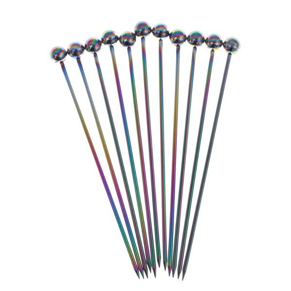 

forks 10pcs stainless steel cocktail picks fruit sticks toothpicks appetizer pick for party bar (round bead head)