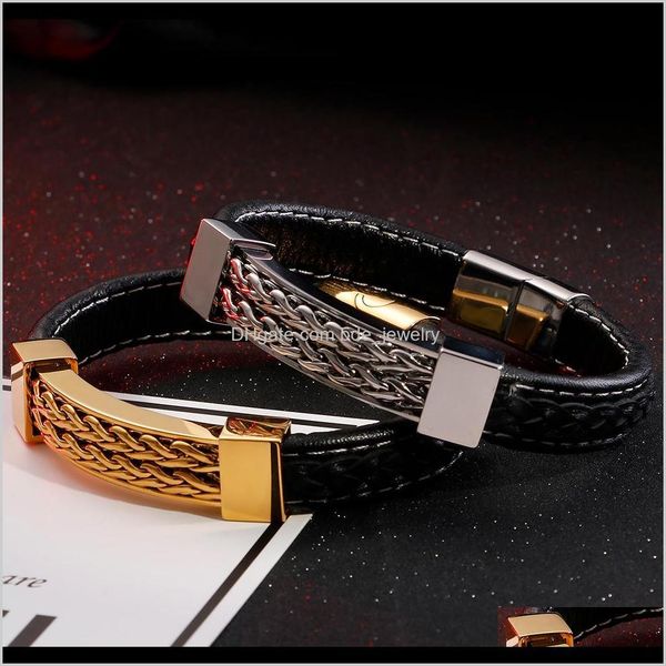

tennis jewelrywrap bracelet for man fashion gold stainless steel bracelets mens jewelry braided genuine leather boyfriend gifts drop deliver, Golden;silver