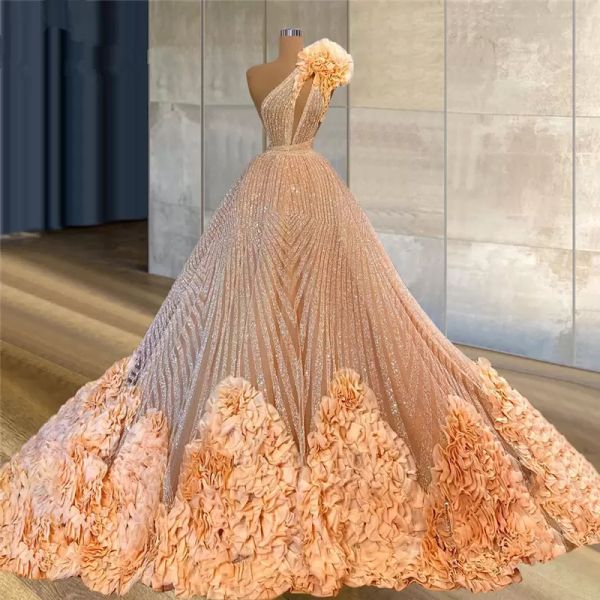 Champagne de luxo vestidos de baile um ombro lindo ruffles bling lantejoulas vestido de noite Couture Dubai Árabe Celebridade Vestido de Novia CG001