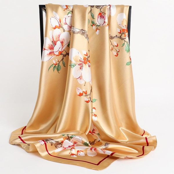 

scarves 2021 sunscreen 90x90cm silk flower big kerchief fashion style square shawls four seasons print satin headcloth, Blue;gray