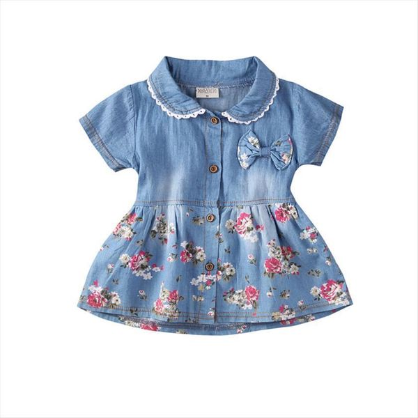 

0 4y cute lovely girl dresses summer toddler baby girls pan petal sleeve single breasted denim blue bow floral print, Red;yellow