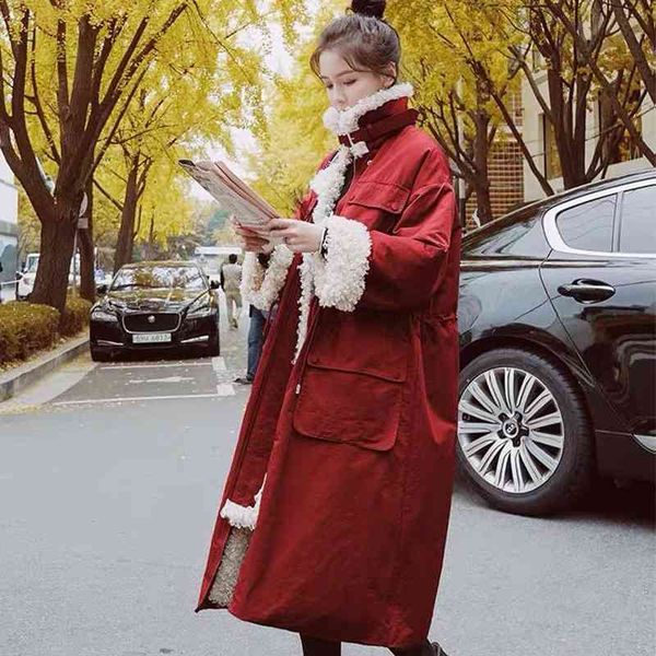 

official website picture korean lamb wool parker down cotton jacket medium long knee winter loose waist work clothes jacket women, Black