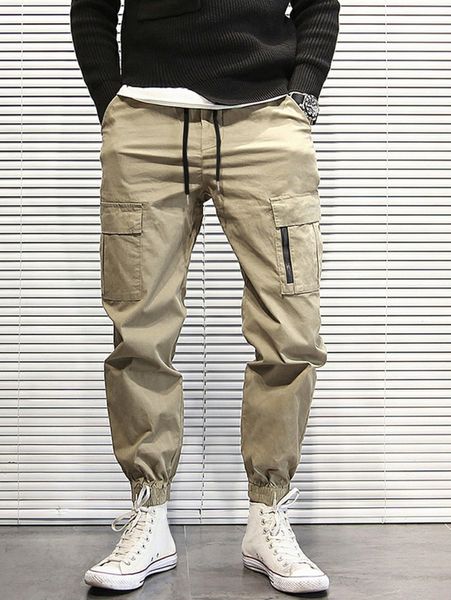 

men flap pocket drawstring waist cargo pants 81ac#, Black