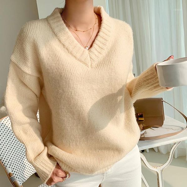 

autumn winter women's sweaters v-neck pullovers warm minimalist korean elegant solid ladies jumpers, White;black