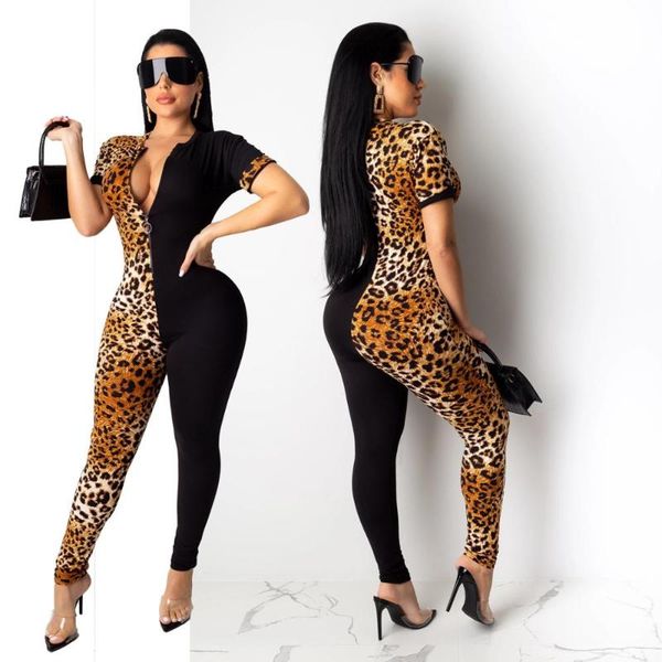

women's jumpsuits & rompers macacao feminino short sleeve leopard patchwork women jumpsuit full length overalls club wear lcy1200, Black;white