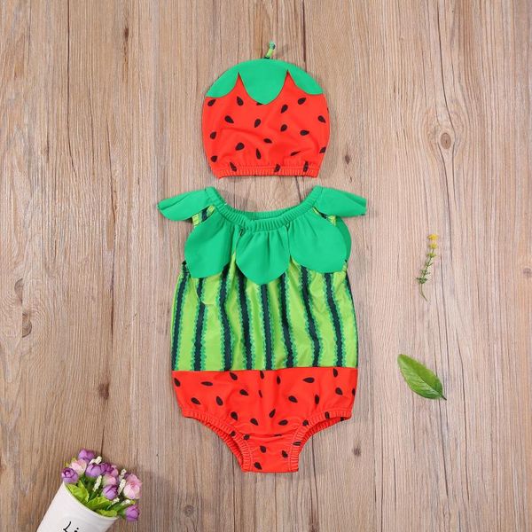 

pcs toddler bathing suit, baby girls sleeveless watermelon print round neck one-piece swimsuit + cap one-pieces, Black