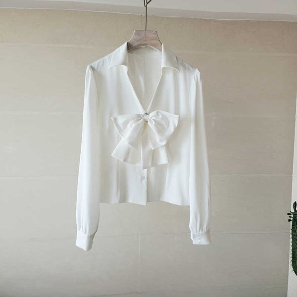 

white bow-knot long-sleeved shirt women loose design sense niche all-match v-neck blouse 210706