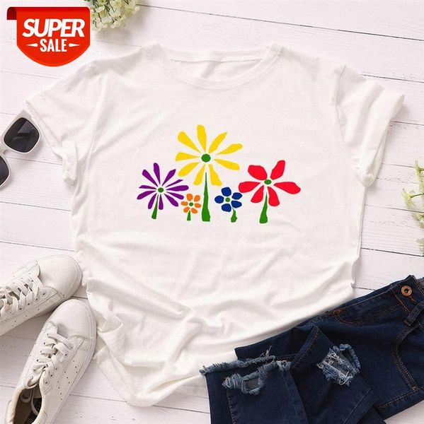 

european and american women's loose round neck short-sleeved cotton t-shirt blouse creative colorful flowers #ou8z, White