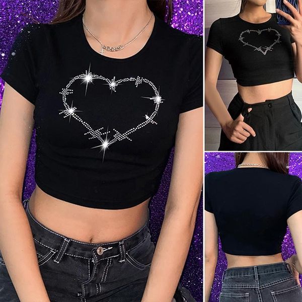 

aesthetic tee diamond heart cute graphic tees short sleeve women tshirts summer harajuku women's t-shirt, White