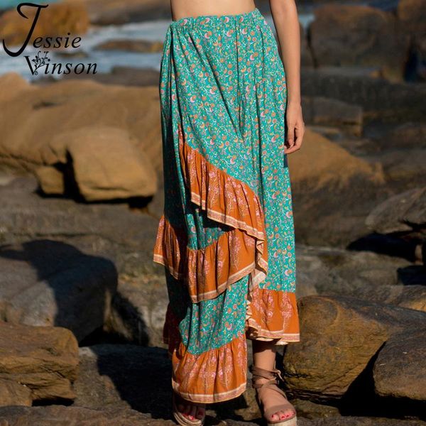 

skirts jessie vinson floral printed ruffles long skirt for women boho bohemian blue maxi summer beach holiday casual, Black