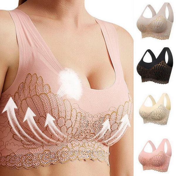 

gym clothing plus size bra seamless print sport bras for women underwear lace brassiere push up breathing bralette with pad vest top, White;black