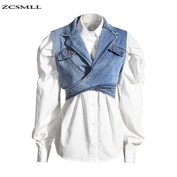 

women blue denim single breasted lapel long puff sleeve shirt fashion tide autumn two pieces 2021 003 women's blouses & shirts, White