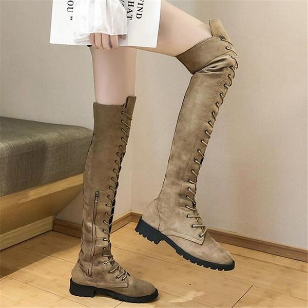 

boots fashion ladies lace up over the knee platfrom long women shoes thigh high zapatos de mujer, Black