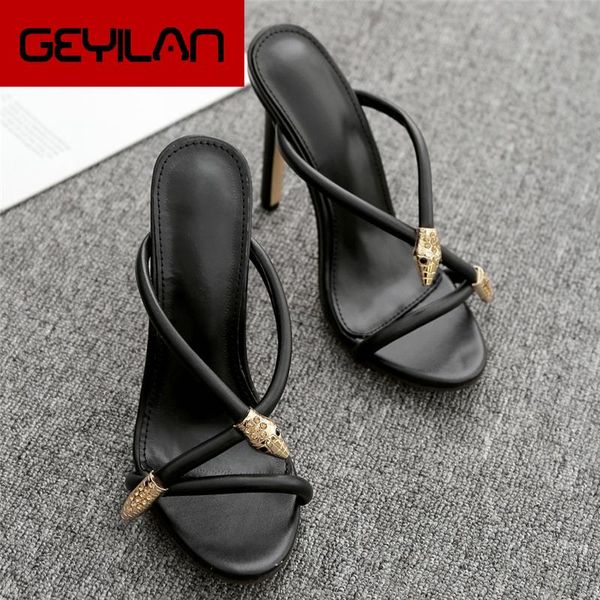 

slippers 2021 style summer women 11.5cm high heels mules shales slides female cross tied stiletto fashion snake shoes, Black