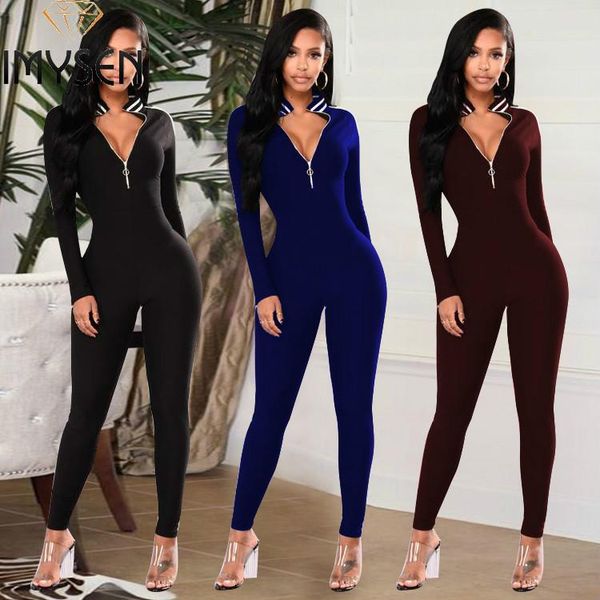 

women's jumpsuits & rompers imysen 2021 women jumpsuit spring autumn long sleeve casual romper outfit zipper black red blue 3 colors on, Black;white