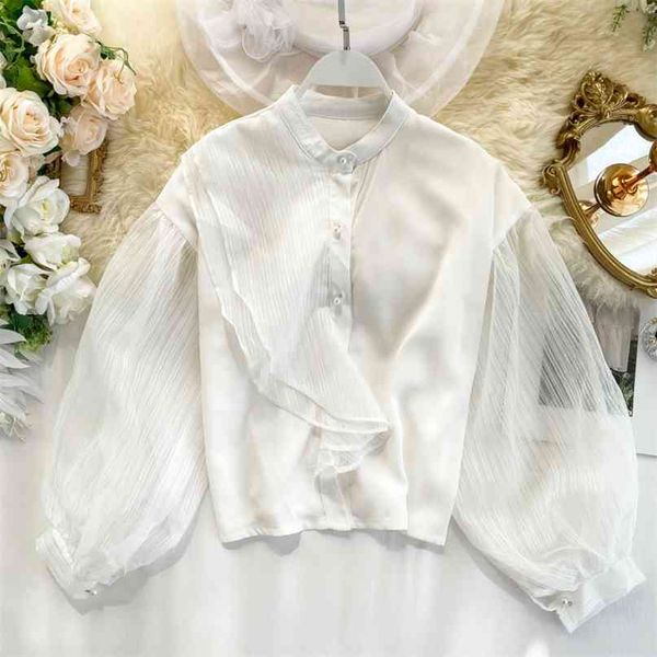 

women retro long lantern sleeve splicing stand collar white shirt lady solid color elegant blouse korean fashion clothing k198 210527