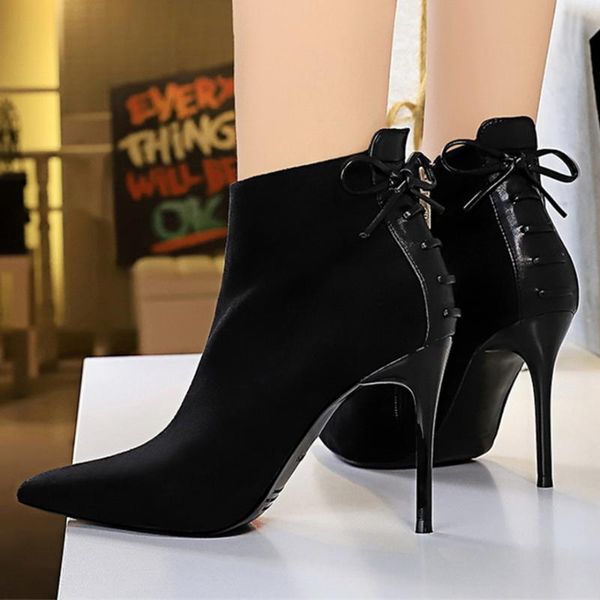 

boots back leather lace-up retro women pointed toe plush warm winter short zipper fashion woman dress shoes high heels 40, Black