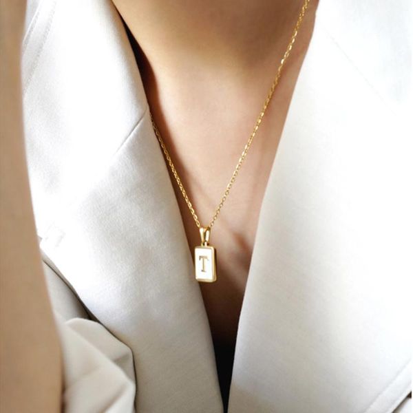 

pendant necklaces a-z alphabet square initial natural shell letter for women minimalist stainless steel jewelry 2021, Silver