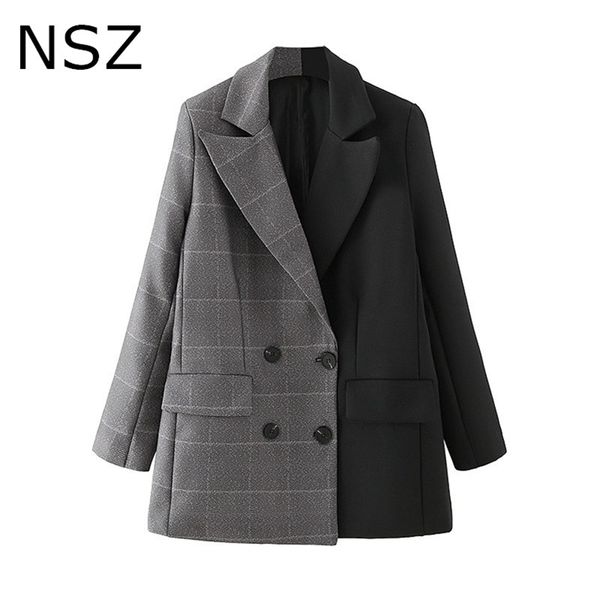 Nsz mulheres verificadas patchwork preto blazer de tamanho duplo dobro de escritório senhoras tamanho grande terno terno casaco casaco outerwear 211122