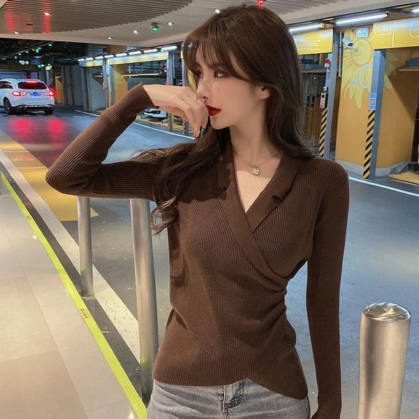 

v-neck bottoming shirt women's autumn new foreign style slim pullover sweater korean version of wild soft 210412, White