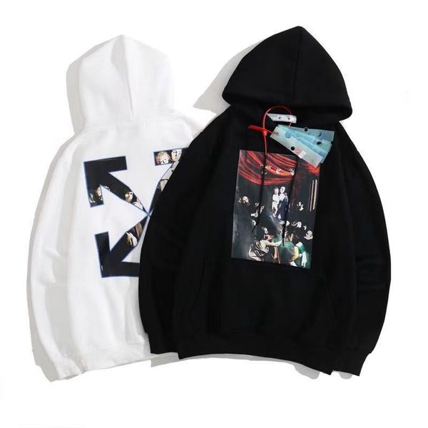 

off winter new 2021 autumn virgin oil painting series pattern hooded plush sweater for men and women, Black