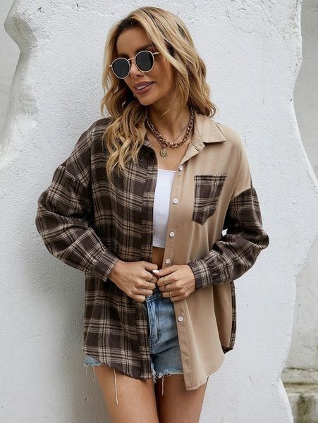 

plaid print colorblock button front blouse i3k6#, White