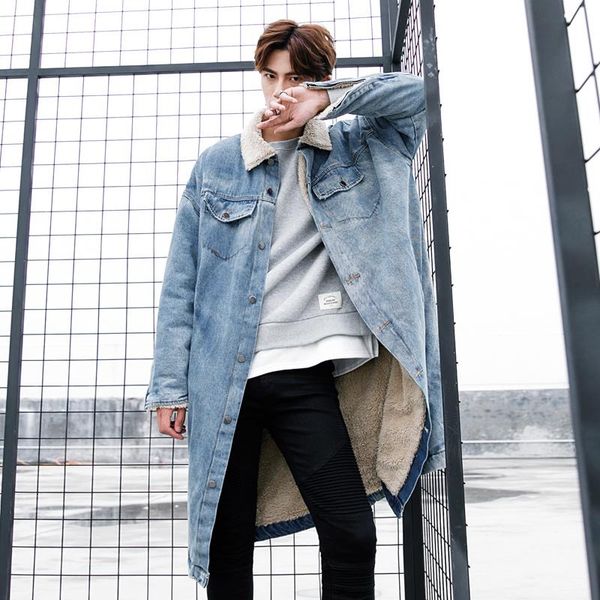

men's down & parkas wear patchwork furry lining warm denim cotton clothes male 2021 autumn winter mid-length lapel thickened coat, Black