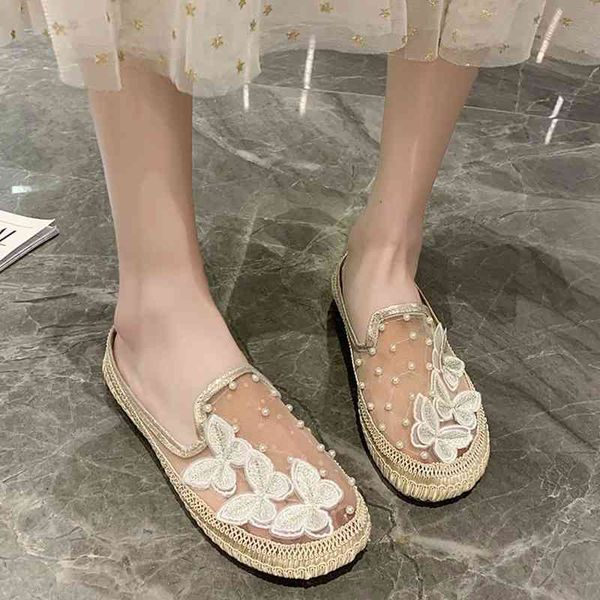 

dress shoes mesh butterfly pearl women mules summer fashion round toe lace up flats woman 2021 breathable non-slip sandals sj, Black