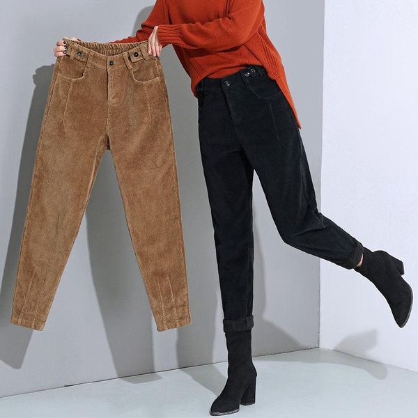 

women autumn winter solid casual warm pants ladies elegant corduroy harem female loose high waist leggings women's & capris, Black;white