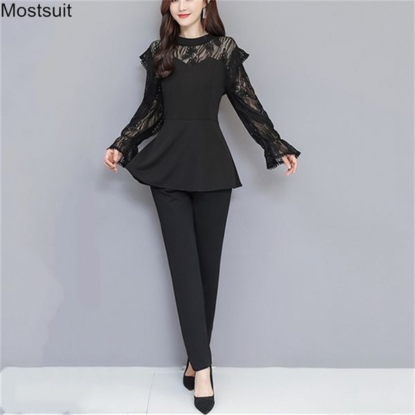 

spring fashion elegant ol outfits women two piece sets plus size long sleeve lace patchwork tunic and pants set suit korean 210513, White