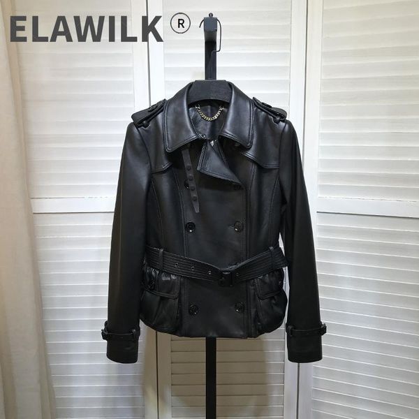 

women's leather & faux europe style chic sheepskin real belt coat genuine double-breasted pockets jackets b781, Black