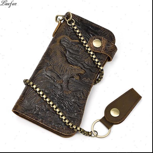 

mens genuine leather wallet chain snap bifold purse crazy horse card case phone holder clutch tiger dragon, Red;black