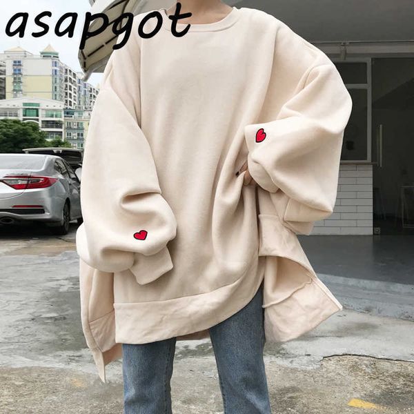 

hoodies women harajuku large size trendy solid o-neck womens pullover students long style full sleeve ladies sweatshirts 210610, Black