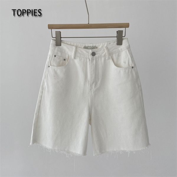 Белые джинсы шорты высокой талией разорванные кисточка джинсовые женщины повседневные носить лето 210421