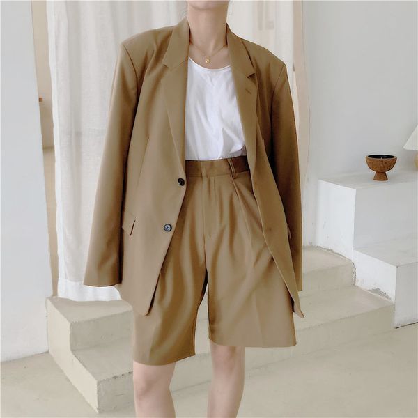 

summer minimalist elegance ol loose chic casual blazers+high waist straight shorts suits women 2 piece sets 210421, White;black
